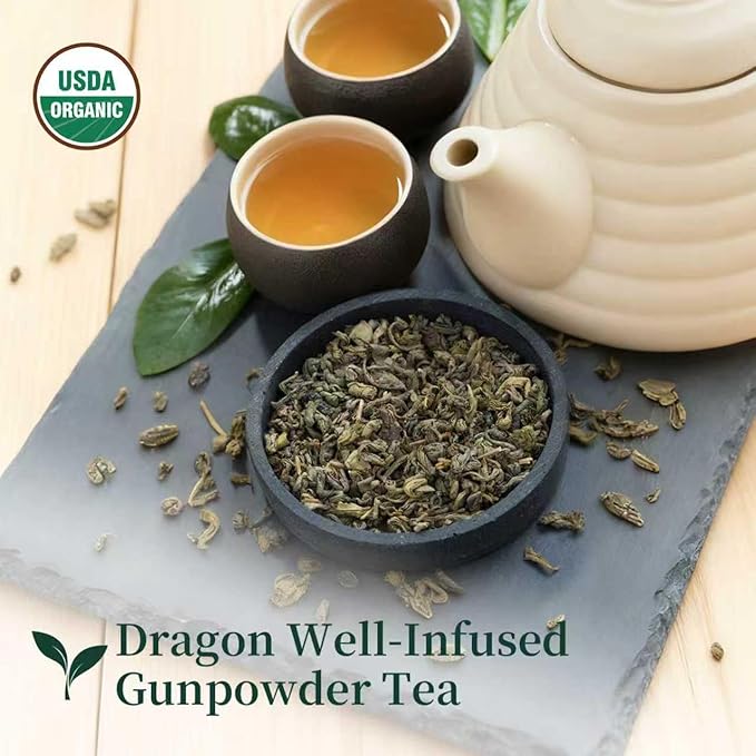 ZenVerdant USDA Organic Gunpowder Tea, 12oz Loose Leaf | Longjing Dragon Well Infused | Resealable Pouch & Smooth Umami