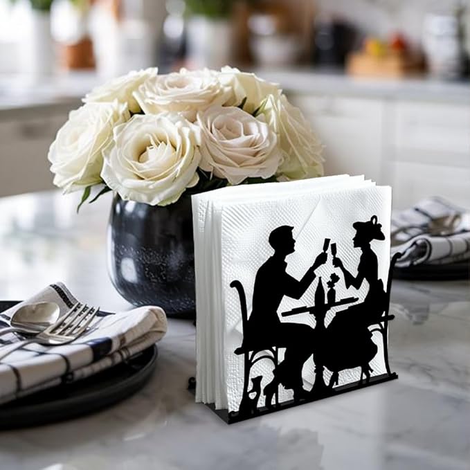 A Couple Dining Decorative Black Metal Napkin Holder for Table, 5.3" x 4.9" x 1.9" Silhouette of Couple Standing Napkin Holder for Home Kitchen Restaurant Picnic Party Coffee Bar Dining Room