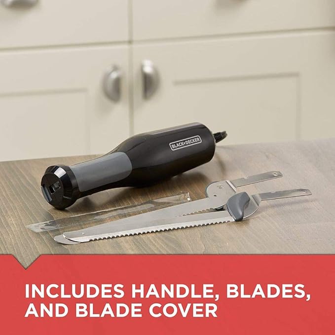 BLACK+DECKER 9 inch Electric Carving Knife, Comfort Grip Handle & Safety Lock Button, Stainless Steel Blades and Dishwasher Safe Parts, Corded, White