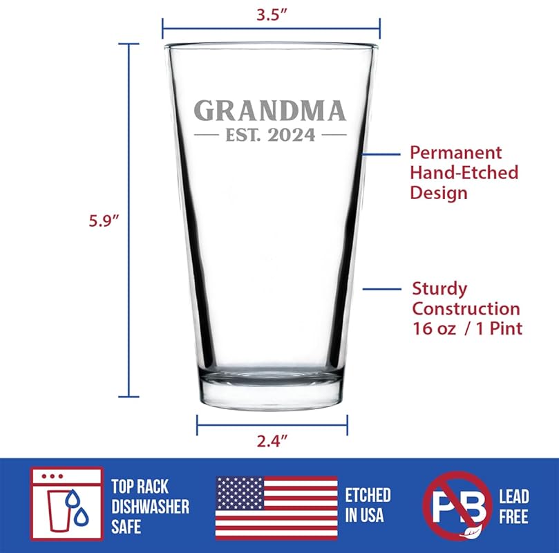 Bevvee Grandma Est 2024 - New Grandmother Pint Glass Gift for First Time Grandparents - Bold 16 Oz Glasses