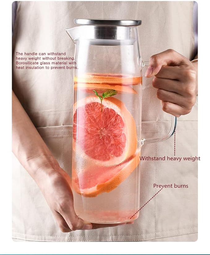 Borosilicate Glass Pitcher with Lid - Heat Resistant Carafe with Handle for Fridge, Iced Tea, Milk, Hot & Cold Beverages - 1.2L/40Oz Jug