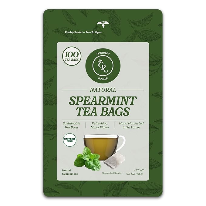 Gourmet Royale Spearmint Tea, 100 Count, Sustainable Tea Bags, Caffeine & Sugar Free, Resealable Pouch, Refreshing & Natural, Grown in Sri Lanka, (Pack of 1)