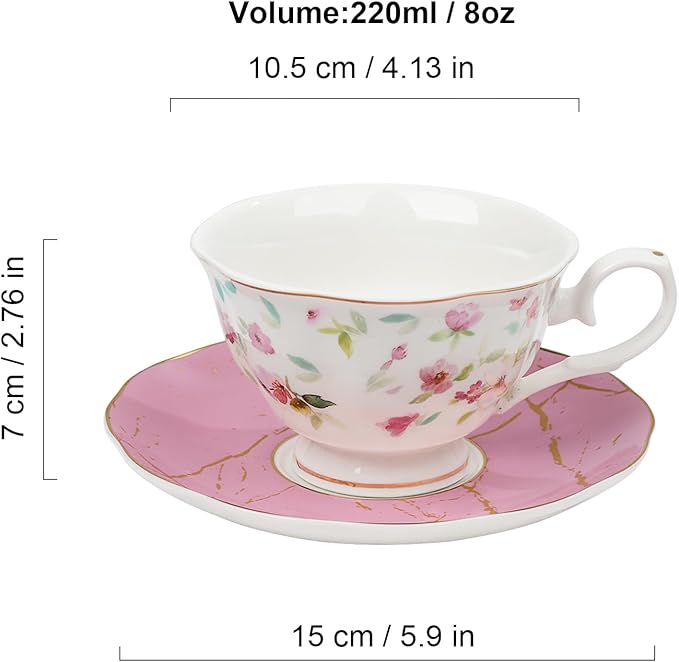 fanquare Rose Tea Cup and Saucer Set for 6, British Tea Cups Set for Gift, Multi-Color Flowers Porcelain Tea Service