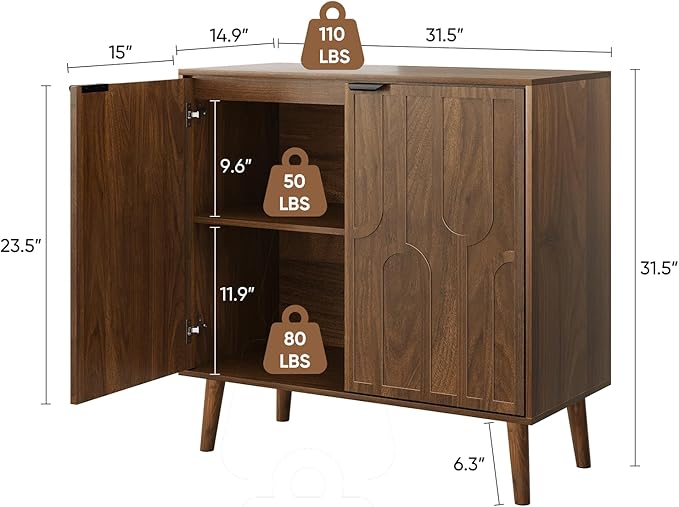 Walnut Buffet Cabinet, Sideboard Cabinet with Storage Fluted Doors, Farmhouse Coffee Bar Table for Kitchen, Living Room, Entryway