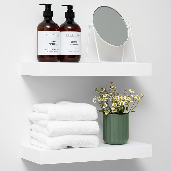 Homeforia White Floating Shelves 16 inch, High End Solid Real Wood 16inch Bathroom Floating Shelf for Wall Mounted, White Wooden 16 Floating Shelves, Heavy Duty Bracket, 16 X 6.5 X 1.75 inch, Set of 4