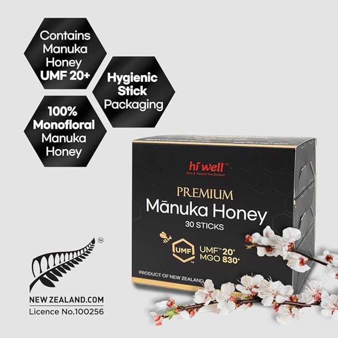 Hi Well Premium New Zealand 100% Manuka Honey | Monofloral Pure Raw Honey | UMF MGO Certified | Easy to take12g x 30 sticks | 12.6Oz(360g) (UMF 20+)