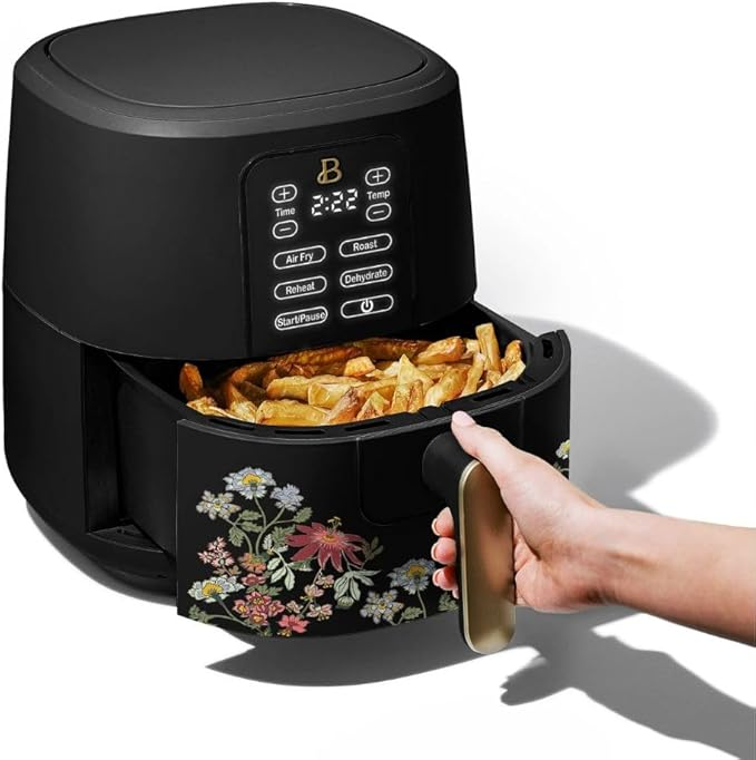 Beautiful by Drew Barrymore 6-Quart Digital Air Fryer, TurboCrisp Technology, Touch-Activated Display, 1750W, 90–400°F, Dishwasher-Safe Basket (BLACK WILDFLOWER)