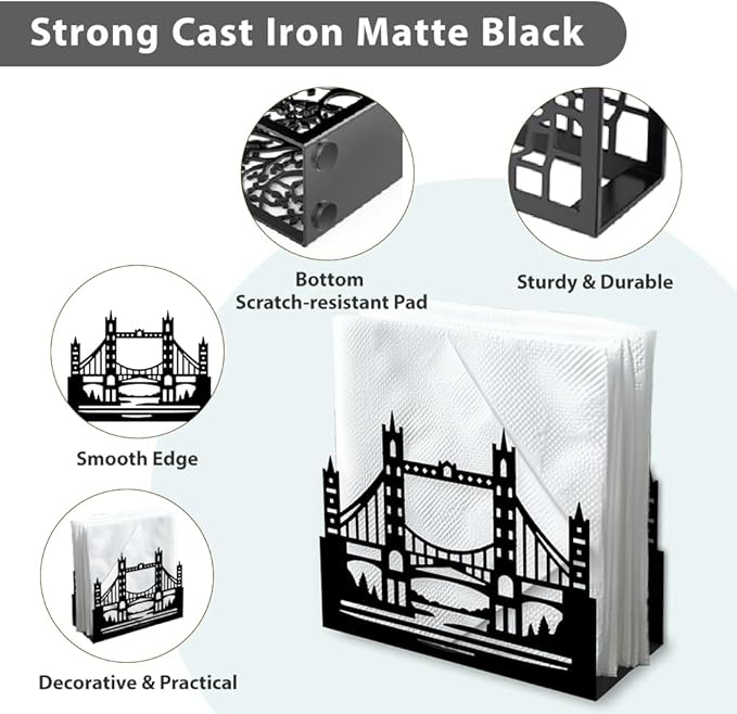Bridge Decorative Black Metal Napkin Holder for Table, 5.3" x 4.1" x 1.9" Bridge Standing Napkin Holder for Home Kitchen Restaurant Picnic Party Coffee Bar Dining Room