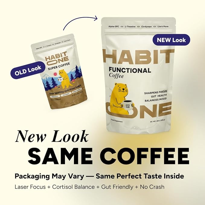 HabitONE Instant Mushroom Coffee Arabica - Lion’s Mane, Cordyceps, Reishi, Chaga – Alpha-GPC & L-Tyrosine, B12 & B3 – Better Energy, Focus, Digestion & Immunity – Made in USA – 30 Servings