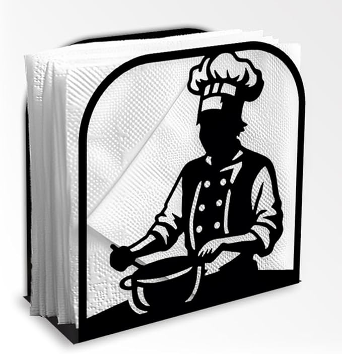 Chef Decorative Black Metal Napkin Holder for Table, 4.9" x 5.1" x 2" Cooking Standing Napkin Holder for Home Kitchen Restaurant Picnic Party Coffee Bar Dining Room