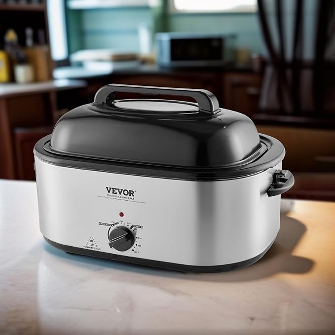 VEVOR Electric Turkey Oven, 26 QT Capacity with Auto-Basting Cover, 1450W, Features Defrost & Keep Warm Settings, Temperature Control, Includes Detachable Pan & Rack, Accommodates Up to 30LBS Turke