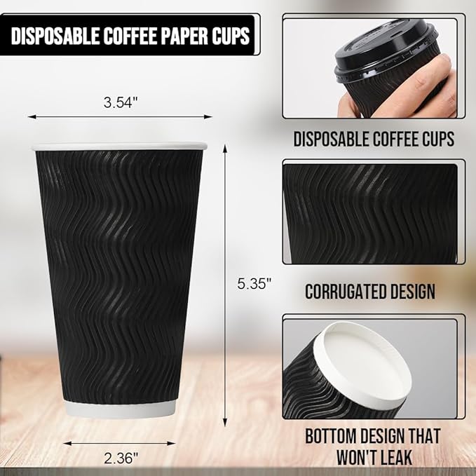 16 oz Coffee Cups with Lids, 500 Pack Disposable Coffee Cups Insulated Ripple Paper Cups for Water, Juice, Espresso (Black 16 oz)