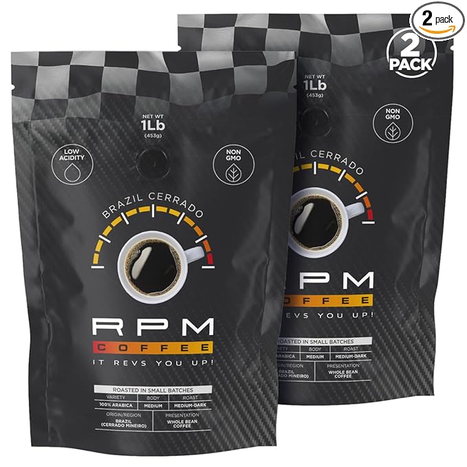 2LB RPM Brazil Cerrado Premium Coffee, Standard Caffeine - Supercharged Flavor, Medium-Dark Roast, 100% Arabica Beans, Low Acidity