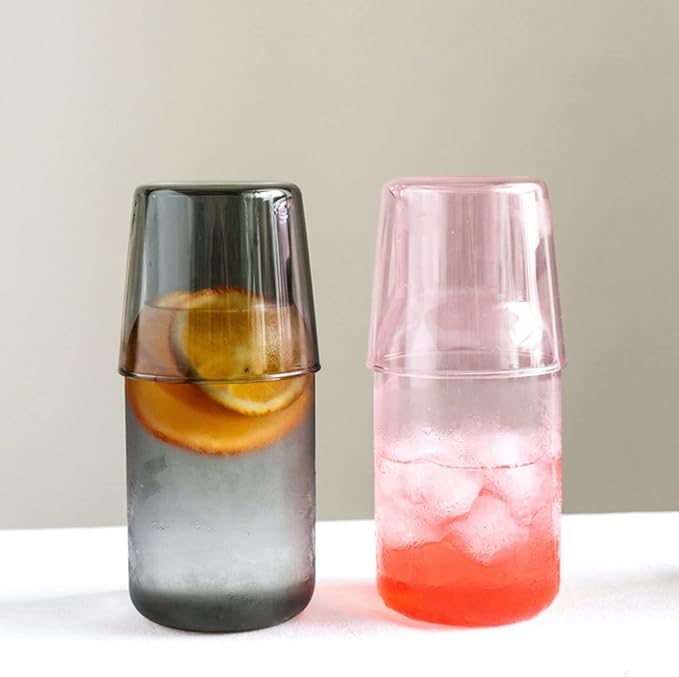 Bedside Glass Water Carafe Set with Cup, Glass Carafe with Lid Mouthwash Cups for Bedroom Bathroom Juice Wine Milk