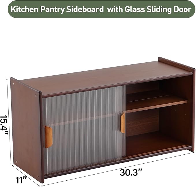 Wall Mounted Bamboo Countertop Storage Cabinet with Glass Door, Hanging Kitchen Cupboard with Adjustable Shelves, Small Pantry Sideboard for Dining Room, Bathroom, Walnut