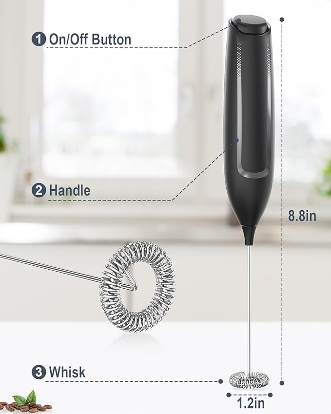 Milk Frother Handheld Battery, Electric Foam Maker Frother Wand, Drink Mixer with Stainless Steel Whisk for Coffee, Matcha, Lattes, Cappuccino Black