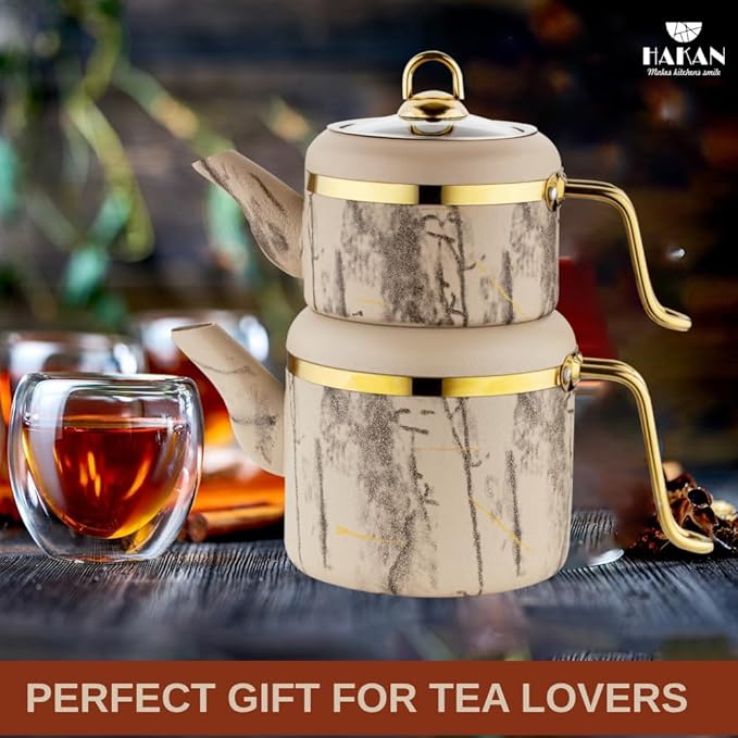 Hakan Melody Turkish Tea Pot Set | 3.5 L Tea Kettles for Stovetop with Stainless Steel Handless and Glass Lid | Aluminum Body Tea Maker | Double Stovetop Kettles with Granite Cover (cream)