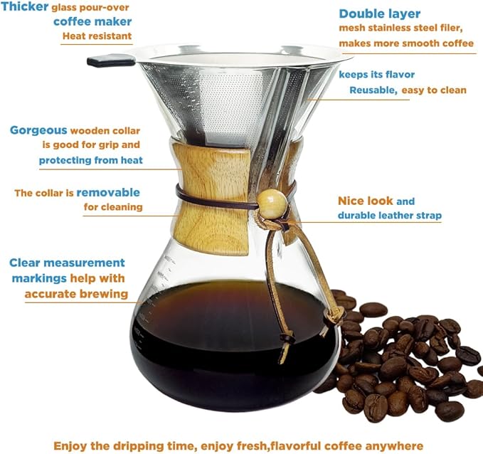 Subjectthree Pour Over Coffee Maker Set 8 Cup Glass Coffee Carafe Dripper with Stainless Filter for Camping Home Office Cafes Easy Clean (8 Cup/28 oz)