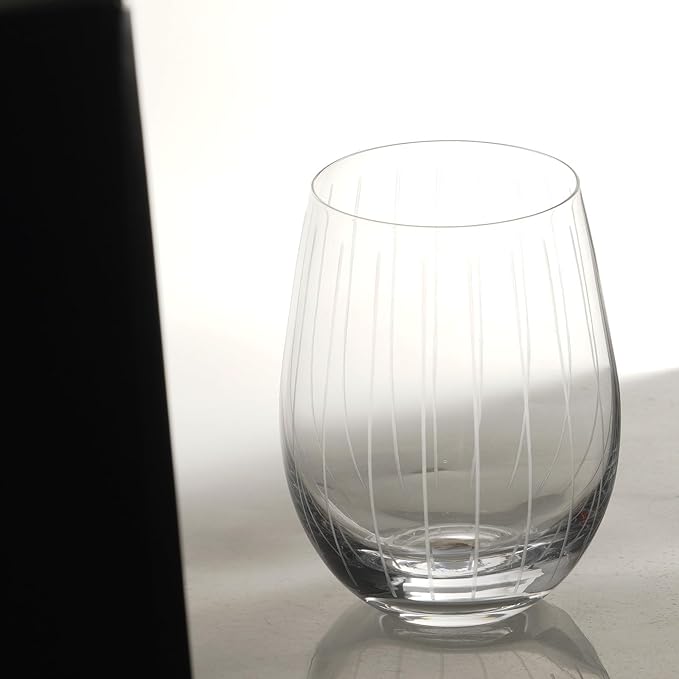 Etched Stemless Wine Glasses for Red or White Wine (Set of 2), 18-Ounces, Large Wine Glasses for Cabernet, Pinot Noir, Burgundy, Bordeaux (Lines+Dots)