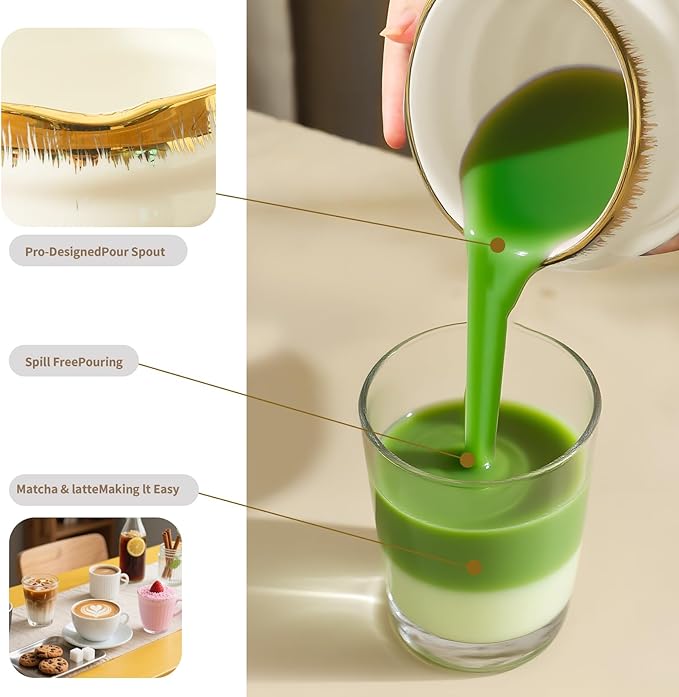 Matcha Whisk Set: Includes Bamboo Whisk, Matcha Bowl, Cute Stand, Bamboo Scoop, Scoop Rest, Sifter and Tea Towel — 7-Piece Matcha Kit with Golden Texture Details, a Favorite for Matcha Lovers (White)