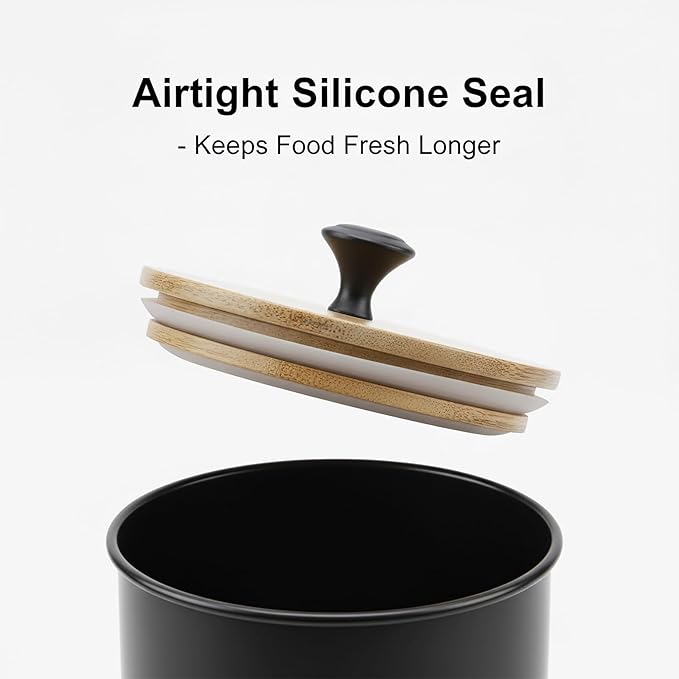Modern Kitchen Canister Set, Black Metal with Bamboo Lids, Airtight Food Storage Containers, Set of 4, Chalkboard Labels