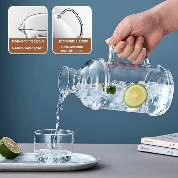 68OZ Glass Pitcher with Lid and Spout, Water Jug, 2000ml Carafe for Hot/Cold Water, Large Iced Tea Pitcher for Coffee, Juice and Homemade Beverage