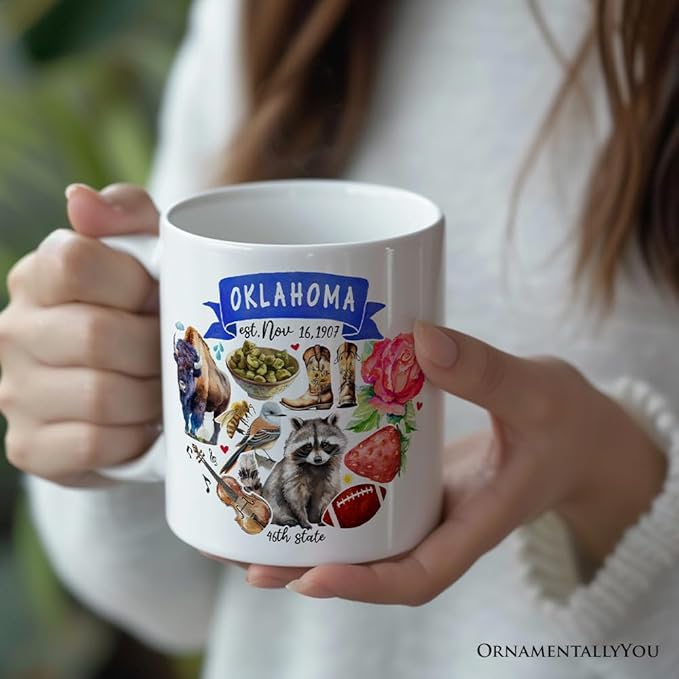 OrnamentallyYou State Travel Landmark Mugs – 12 oz Ceramic Coffee Cups, U.S. Souvenir Gift for Tourists (Artistic Oklahoma State Themes and Landmarks Mug)