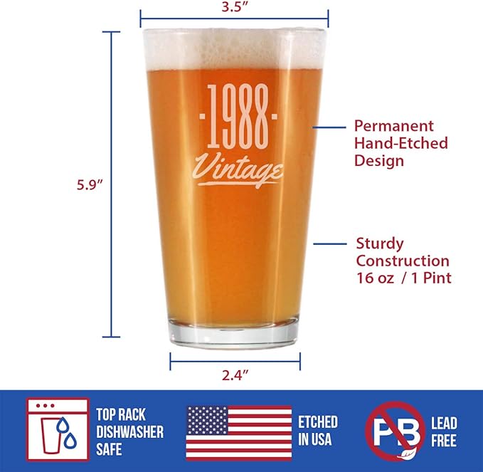Vintage 1988 Pint Glass for Beer - 37th Birthday Gifts for Men or Women Turning 37 - Fun Bday Party Decor - 16 oz
