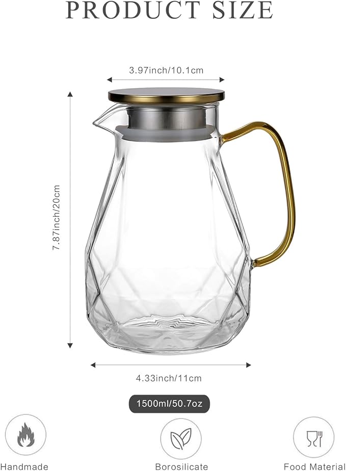 Heat Resistant Glass Pitcher With Lid And Spout, Glass Iced Tea Pitchers Beverage Pitchers For Fridge, Water Pitcher And Carafe 51oz/1500ml