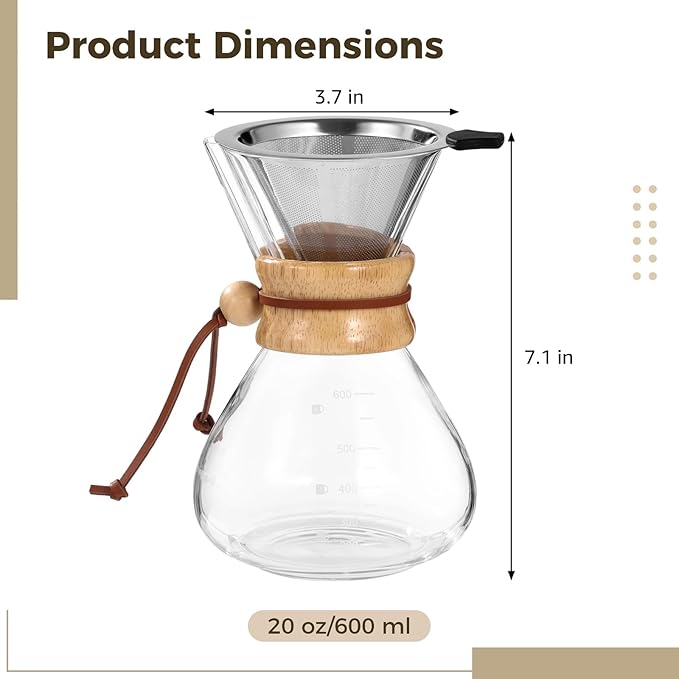 OMISTAR Pour Over Coffee Maker, 20 oz Borosilicate Glass Coffee Pot with Stainless Steel Filter & Wood Collar, Heat Resistant Carafe for Home, Office, Camping, Hiking