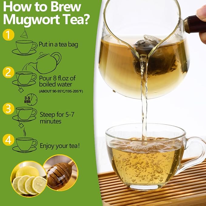 Premium 50 Mugwort Tea Bags, Made with 100% Pure Mugwort Tender Leaves, No Additives & Caffeine Free.