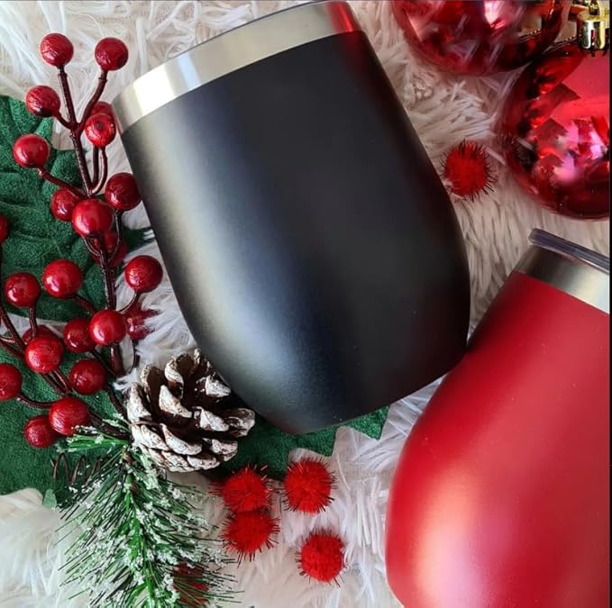 CHILLOUT LIFE 12 oz Stainless Steel Wine Tumblers 2 Pack - Double Wall Vacuum Insulated Wine Glasses Cups with Lids and Straws Set Keeping Cold & Hot for Coffee, Beer, Ice Cream - Powder Coated Black