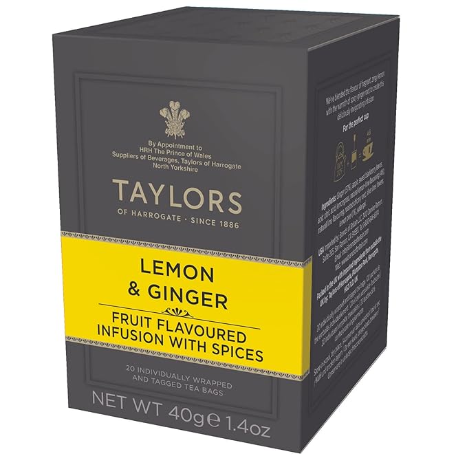 Taylors of Harrogate Lemon & Ginger, Herbal Tea, Individually Wrapped Bags, 20 Count (Pack of 1), Cleansing, Invigorating and Citrussy, Caffeine-Free, Enjoy Hot or Iced, 20 Teabags