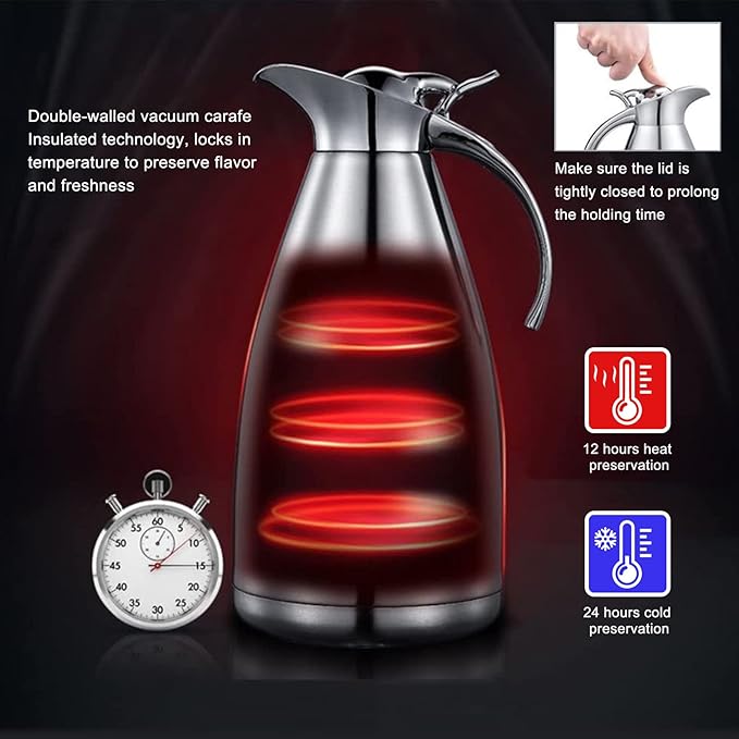Sumerflos 68 Oz Stainless Steel Coffee Thermal Carafe/Double Walled Vacuum Thermos Insulated / 12 Hour Heat Retention / 2 Liters (Pink)