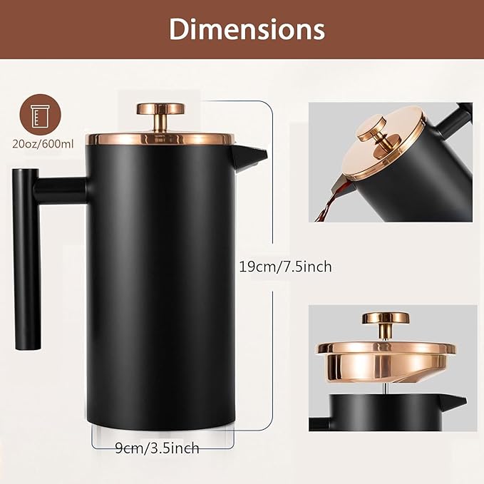 Miuly French Press Coffee Maker, 21Oz Stainless Steel Coffee Press with 3 Level Filtration System, Double Wall Insulated French Press with 4 Filters and 1 Metal Spoon, Black