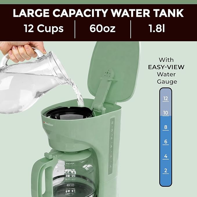MUELLER HOME 12-Cup Drip Green Coffee Maker, Borosilicate Carafe, Auto-Off, Reusable Filter, Anti-Drip, Keep-Warm Function, Clear Water Level Window, Green Kitchen Accessories & Décor