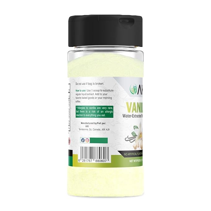 AKI Vanilla Water Extracted Powder From Authentic Beans for Flavoring, Cooking, Baking & Smoothies - Sugar Free & Alcohol Free - Added 2% Monk Fruit Sweetener - Non-GMO & Vegan (2.11oz/60g)