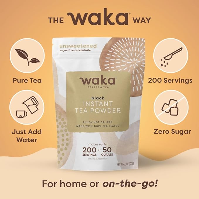 Waka Premium Instant Coffe & Tea Bundle & Save — No Sugar Added & Unsweetened Concentrated Tea Powder (Decaf, Classic Black, Chai Traditional)