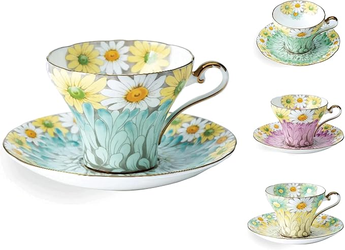 Aynsley Daisy Corset Fine Bone China Teacup & Saucer Set - 5oz (150ml), Hand-Painted Gold Trim, Christmas Gift for Tea Lovers, Elegant Afternoon Tea Set(Blue)