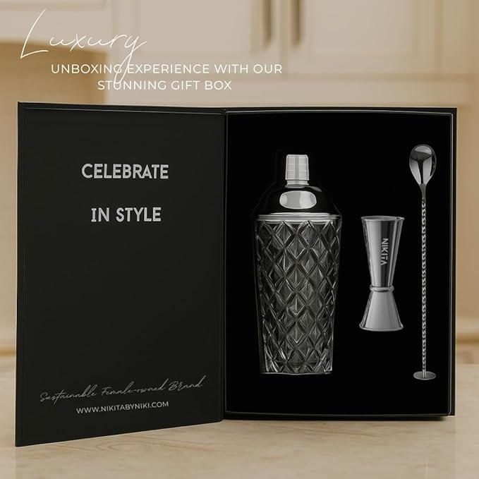 Glass Cocktail Shaker Set - 5 Piece - Silver Martini Shaker Set with Strainer, Jigger, Spoon & Muddler - 16 oz Drink Shakers Cocktail - Ideal Gift for Home Bar & Drink Trolley Décor