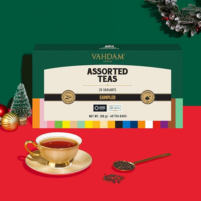 VAHDAM, Assorted Tea Sampler (20 Delicious Variety, 40 Individually Wrapped Pyramid Teabags) Long Leaf Premium Teas I Christmas Tea Gift Set