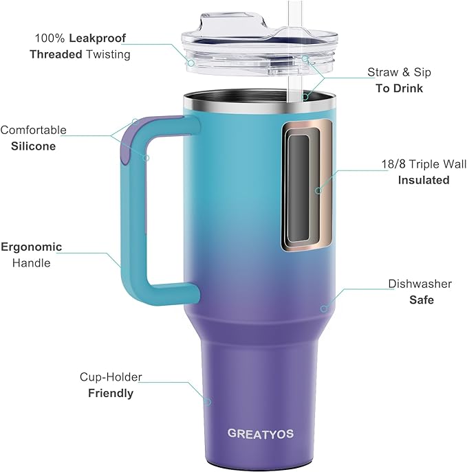 40 oz Tumbler with Handle and Straw Lid Insulated Tumblers Cups with Lids Straws Double Wall Vacuum Stainless Steel 40oz Tumbler Travel Mug Gifts for Men Women Him Her (Ocean Dream)