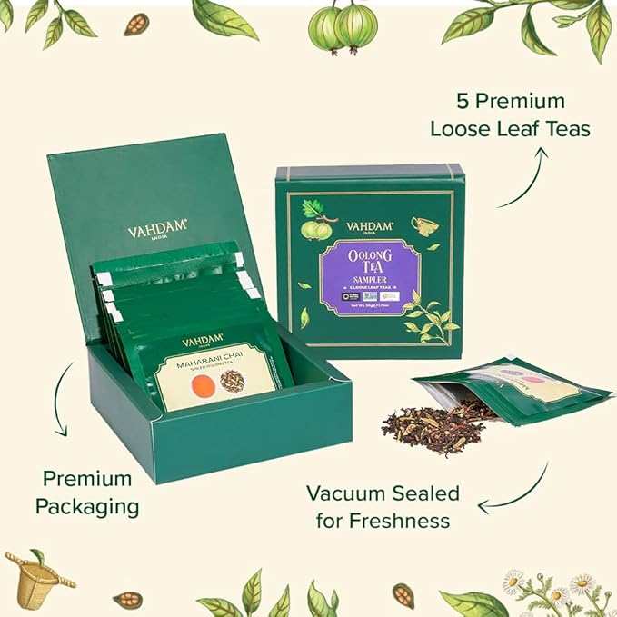 VAHDAM Assorted Oolong Tea Sampler Gift Set (5 Flavors) – Gluten-Free, Non-GMO | 5 Unblended Loose Leaf Teas | Tea Variety Pack | Christmas Tea Gift Set