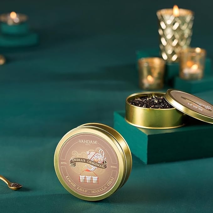 VAHDAM Masala Chai Gift Kit (1.75 ounce) | Signature Masala Chai Loose Leaf Tea in Tin Caddy with Premium Tea Spoon | Authentic Indian Chai Ritual | Elegant Gift Box | Christmas Tea Gift Set