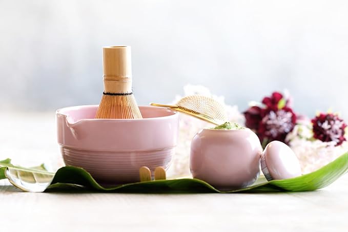 Matcha Whisk Set, Premium 7 Pcs Ceramic Set Includes Bowl, Whisk and Holder, Bamboo Scoop, Canister, Sifter, and Tray