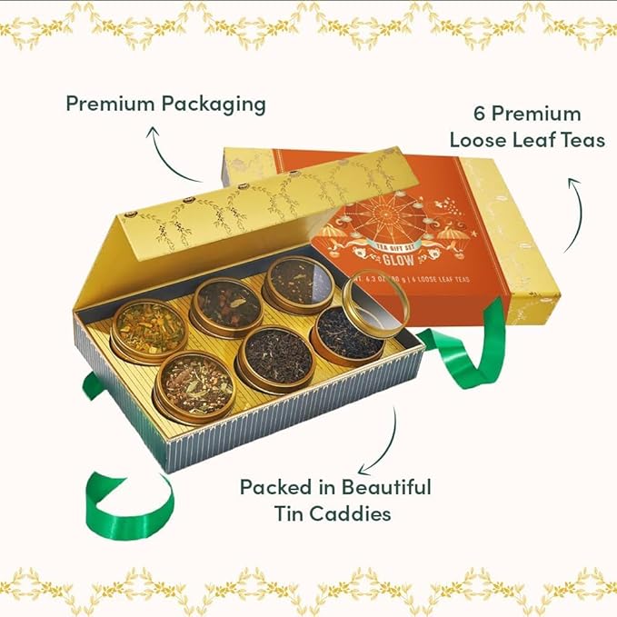 VAHDAM GLOW – Assorted Christmas Tea Gift Set for Women (6 Loose Leaf Teas) | Premium Tin Caddy Presentation Box | Gluten-Free, Non-GMO | Holiday Tea Gifts for Her