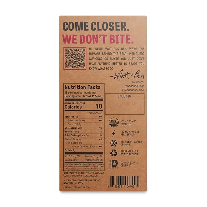 Wandering Bear Organic Mocha Cold Brew Coffee On Tap, Iced Coffee Drink - Extra Strong, Bold, Smooth, No Sugar Added, Shelf-Stable, Ready to Drink,Gluten Free & Vegan -16 Servings of 6fl.oz -96fl.oz