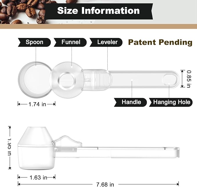 Coffee Scoop & Funnel for Reusable K Cup Refillable Coffee Pods, Coffee Measuring Spoon 2 Tablespoon Capacity, Scoop with Funnel for Ground Coffee, Protein Powder, Tea (Clear, 1 Pack)
