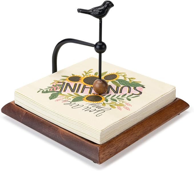 Wooden Napkin Holder for Table, Napkin Holders for Paper Napkins, Wooden Flat Napkin Holder with Bird-shaped Handle, Rustic Kitchen Decor for Counter, Ideal Napkin Dispenser for Dining Countertops