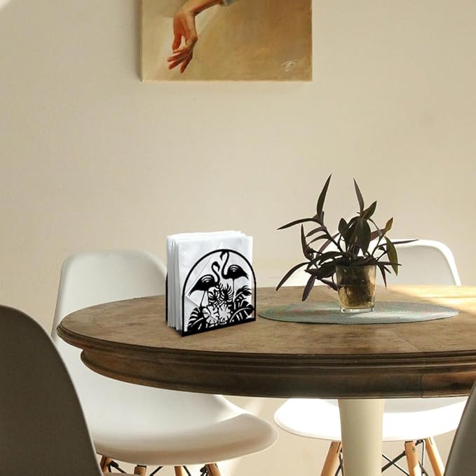 Flamingos Animal Decorative Black Metal Napkin Holder for Table, 5.3" x 4.9" x 1.9" Tropical Leaves Standing Napkin Holder for Home Kitchen Restaurant Picnic Party Coffee Bar Dining Room